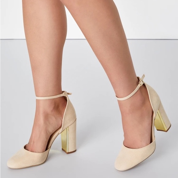 LULUS Laura Light Nude Suede Ankle Strap Chunky Heels Size 10 NEW - Picture 1 of 16